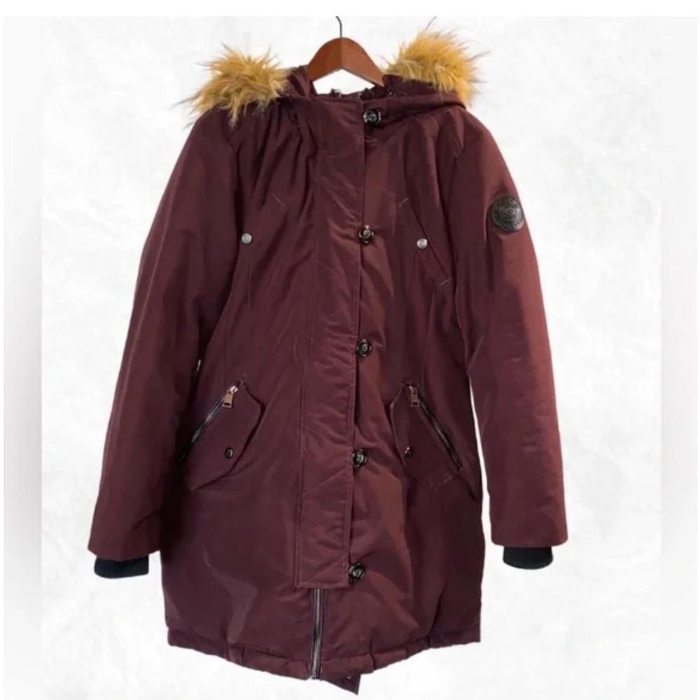 bebe Burgundy Puffer Jacket with Faux Fur Trim
